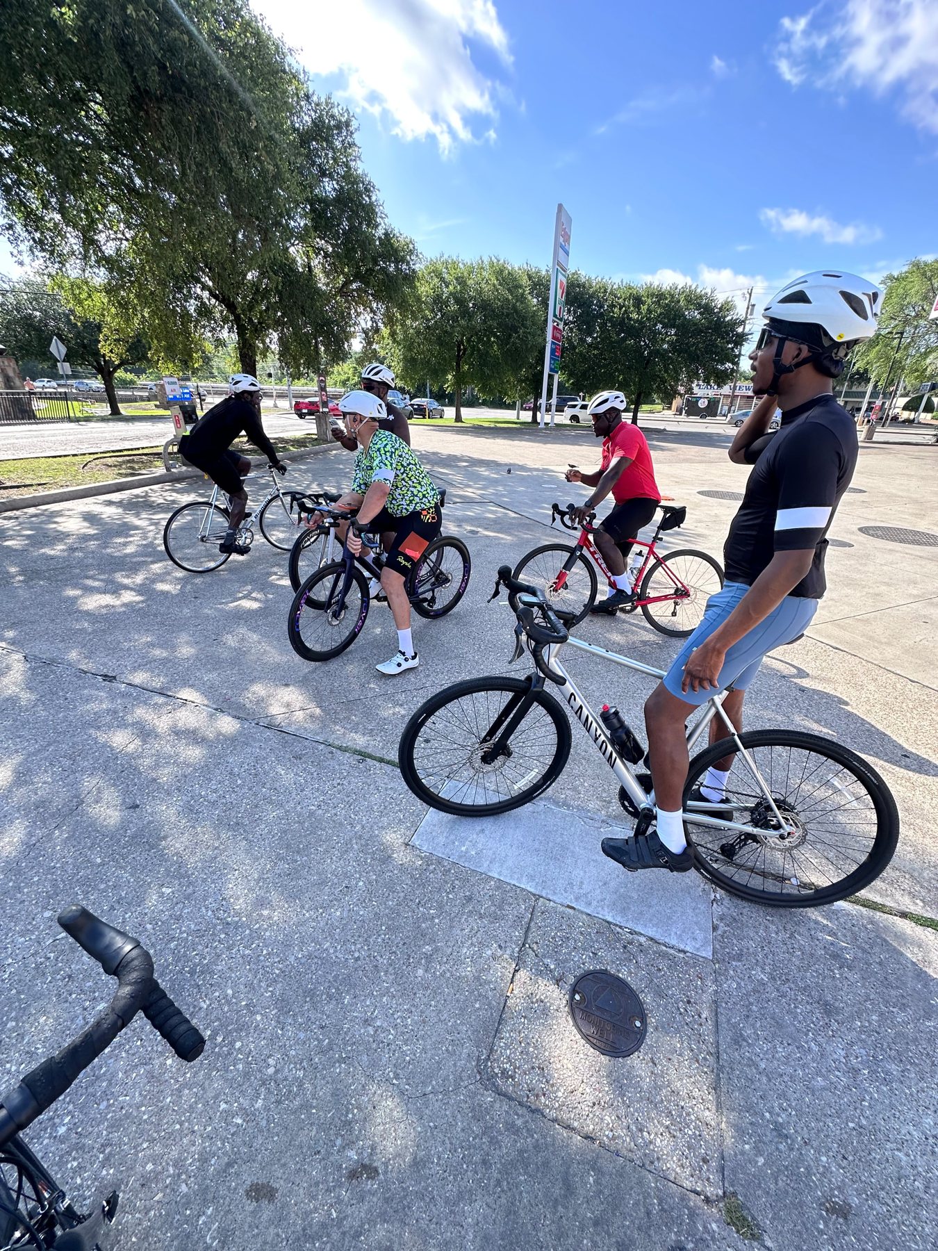 Riders rolling out from a stop